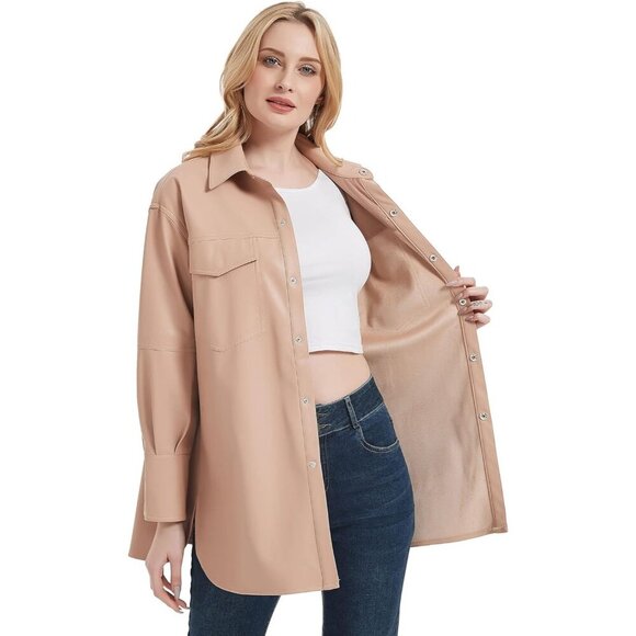 🆕 Women Pink Faux Leather Blazer Jackets Spring Fashion Vegan Button Down Coat - Picture 3 of 6